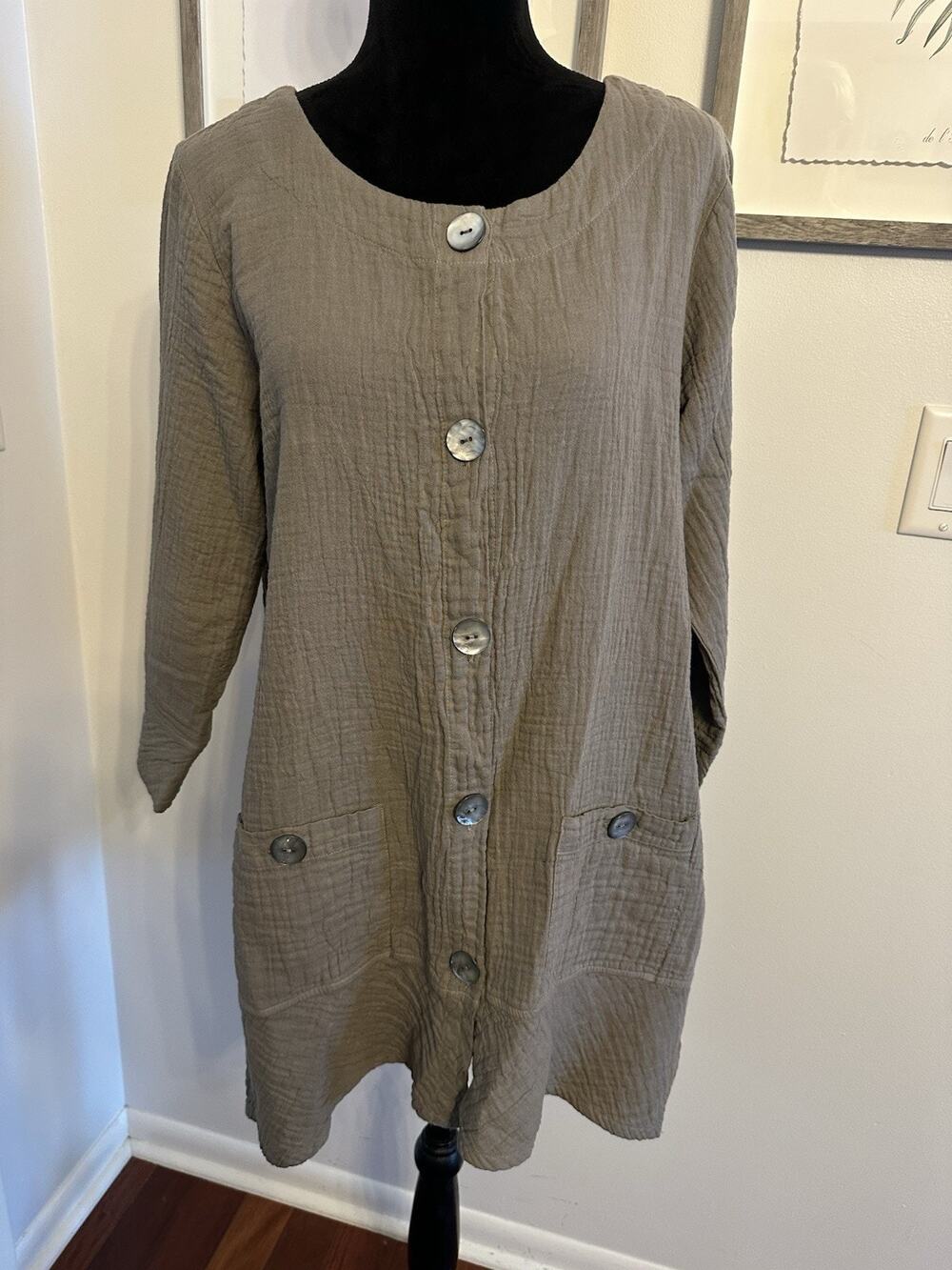Shannon Passero Tunic Top Taupe Cotton Gauze ButtonDown Pockets Size M Lagenlook